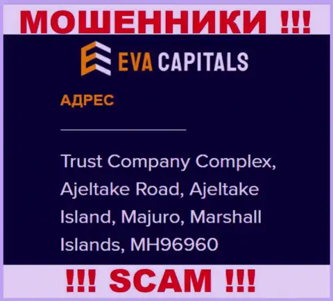 На веб-портале Eva Capitals указан офшорный юридический адрес организации - Trust Company Complex, Ajeltake Road, Ajeltake Island, Majuro, Marshall Islands, MH96960, будьте очень бдительны - это мошенники
