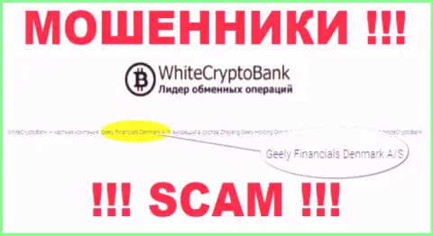 Юридическим лицом, управляющим мошенниками White Crypto Bank, является Geely Financials Denmark A/S