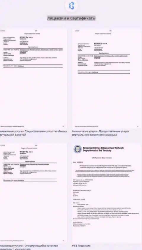 Лицензионные документы и сертификаты online обменки БТКБит