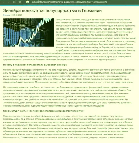Материал о популярности организации Zineera Exchange, опубликованный на информационном сервисе kuban info