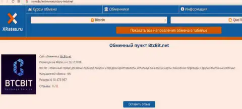 Краткая информация об обменном пункте BTCBit на сайте xrates ru