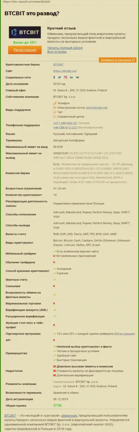 Материалы об онлайн обменнике BTCBit на портале Eto-Razvod Ru
